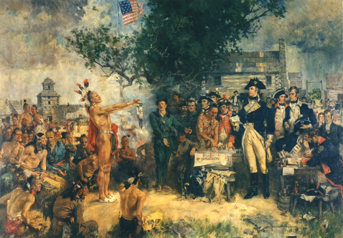 An oil painting depicts Native Americans and settlers making a peace treaty in front of a fort.