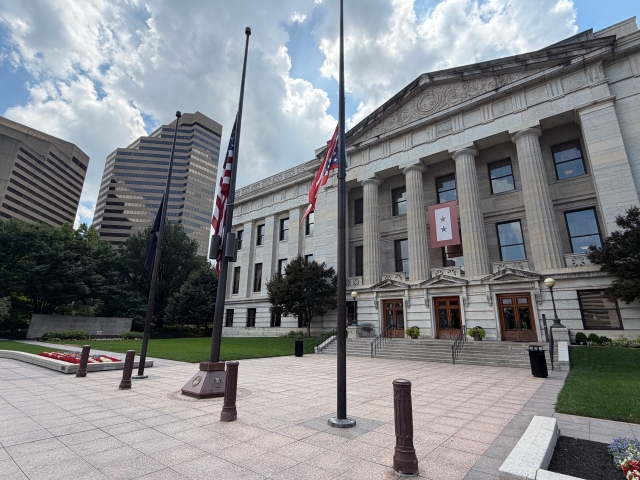 Flags at half-staff at the Ohio Statehouse.